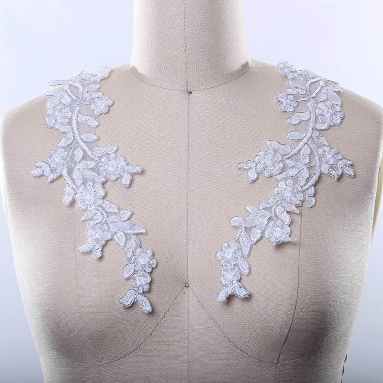 2 Pieces Silver and White Beaded Applique Pair Alencon Lace Sequined Pearl Detail